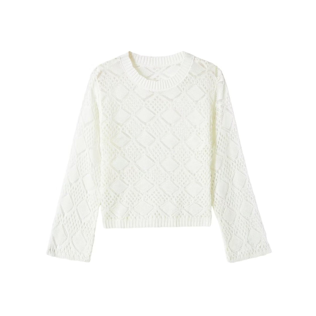 Damen Ajourgestrickter Cropped-Pullover mit Rundhals und Rautenmuster Drune