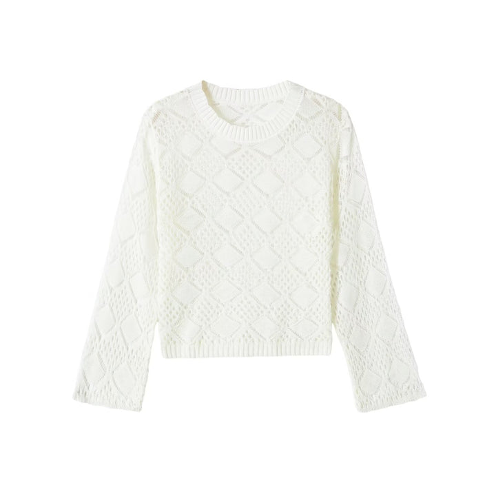 Damen Ajourgestrickter Cropped-Pullover mit Rundhals und Rautenmuster Drune
