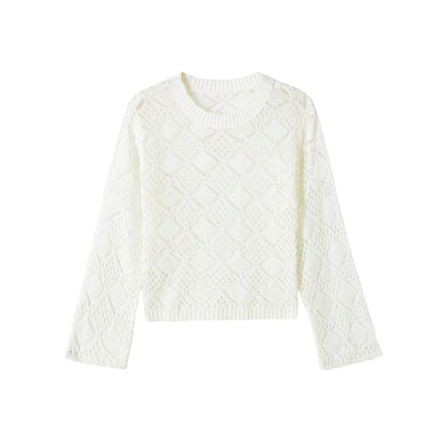 Damen Ajourgestrickter Cropped-Pullover mit Rundhals und Rautenmuster Drune