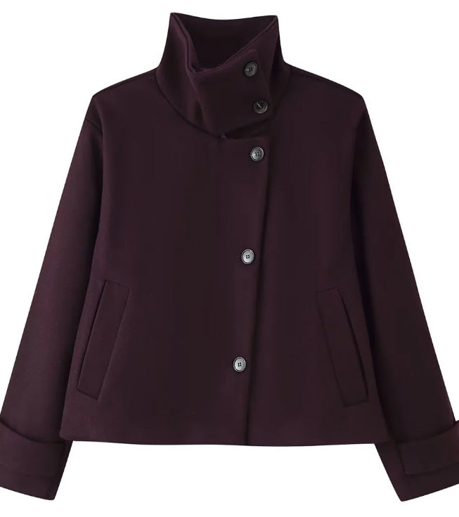 Damen Kurzjacke im Boxy‑Cut mit hohem Stehkragen und Hornknöpfen Drune
