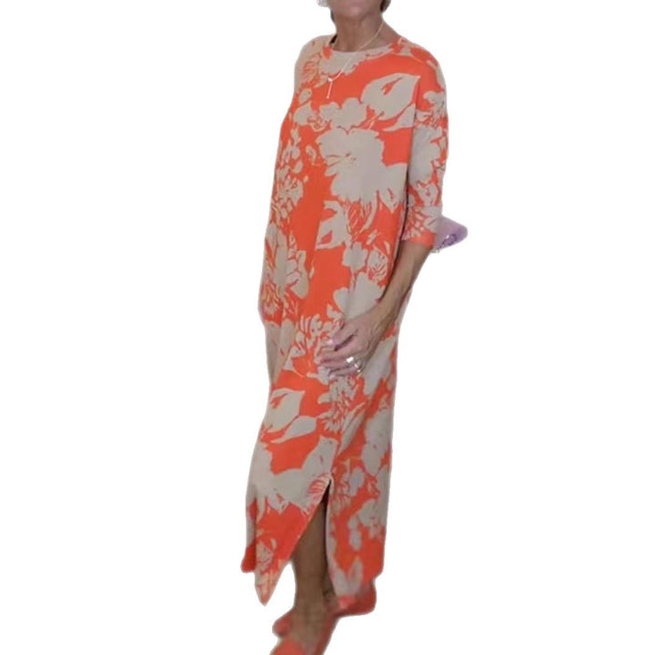 Damen nan fließendes A-Linien-Maxikleid mit Dreiviertelärmeln Rundhalsausschnitt Seitenschlitz und Eingrifftaschen Drune