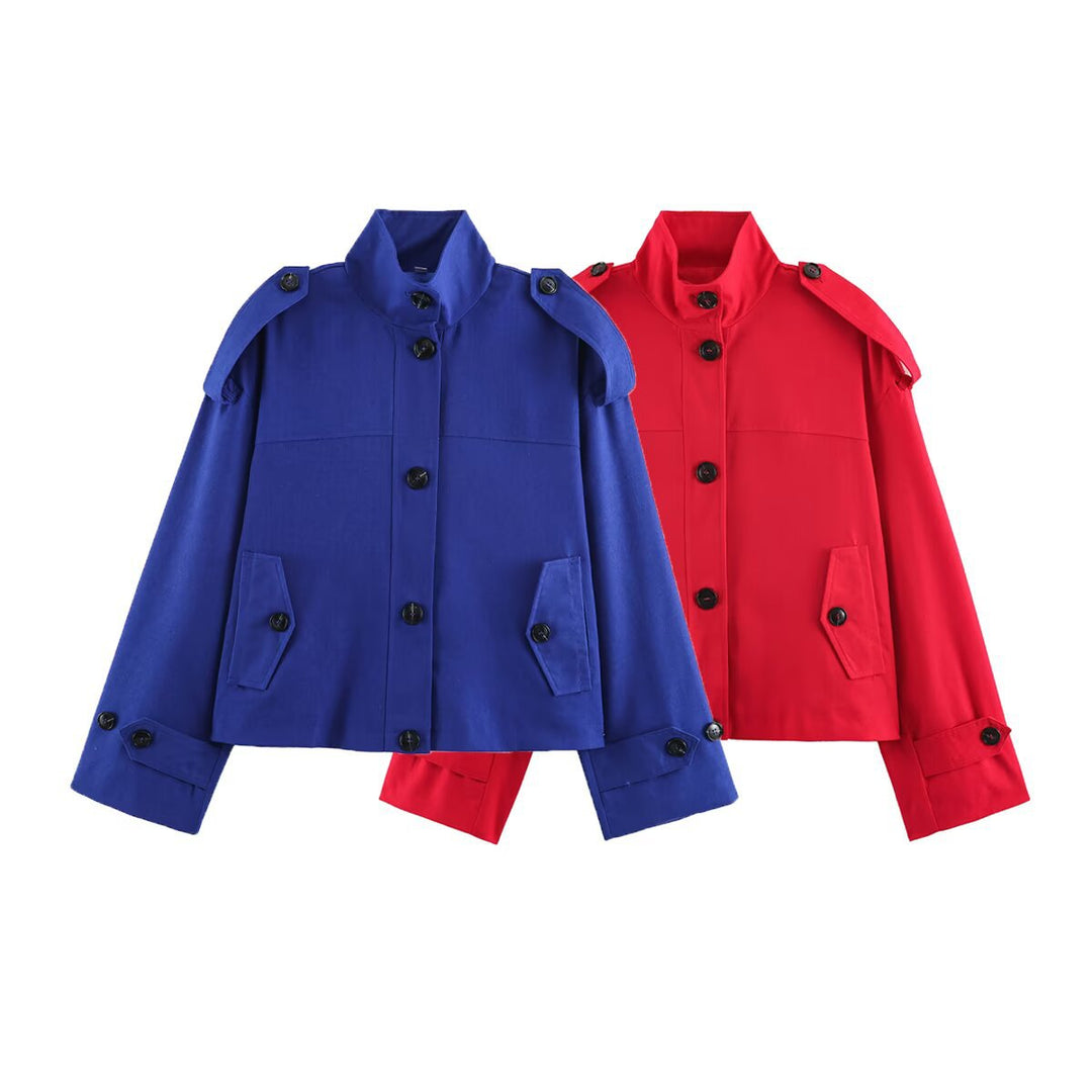 Damen Kurz geschnittene Utility‑Jacke mit Stehkragen, Schulterklappen und Pattentaschen Drune