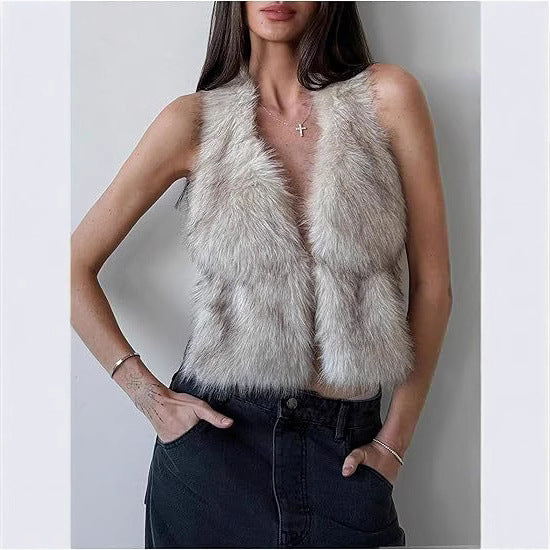 Damen Ärmelloses Cropped-Kunstpelz-Set mit Minirock und flauschigen Stulpen Drune