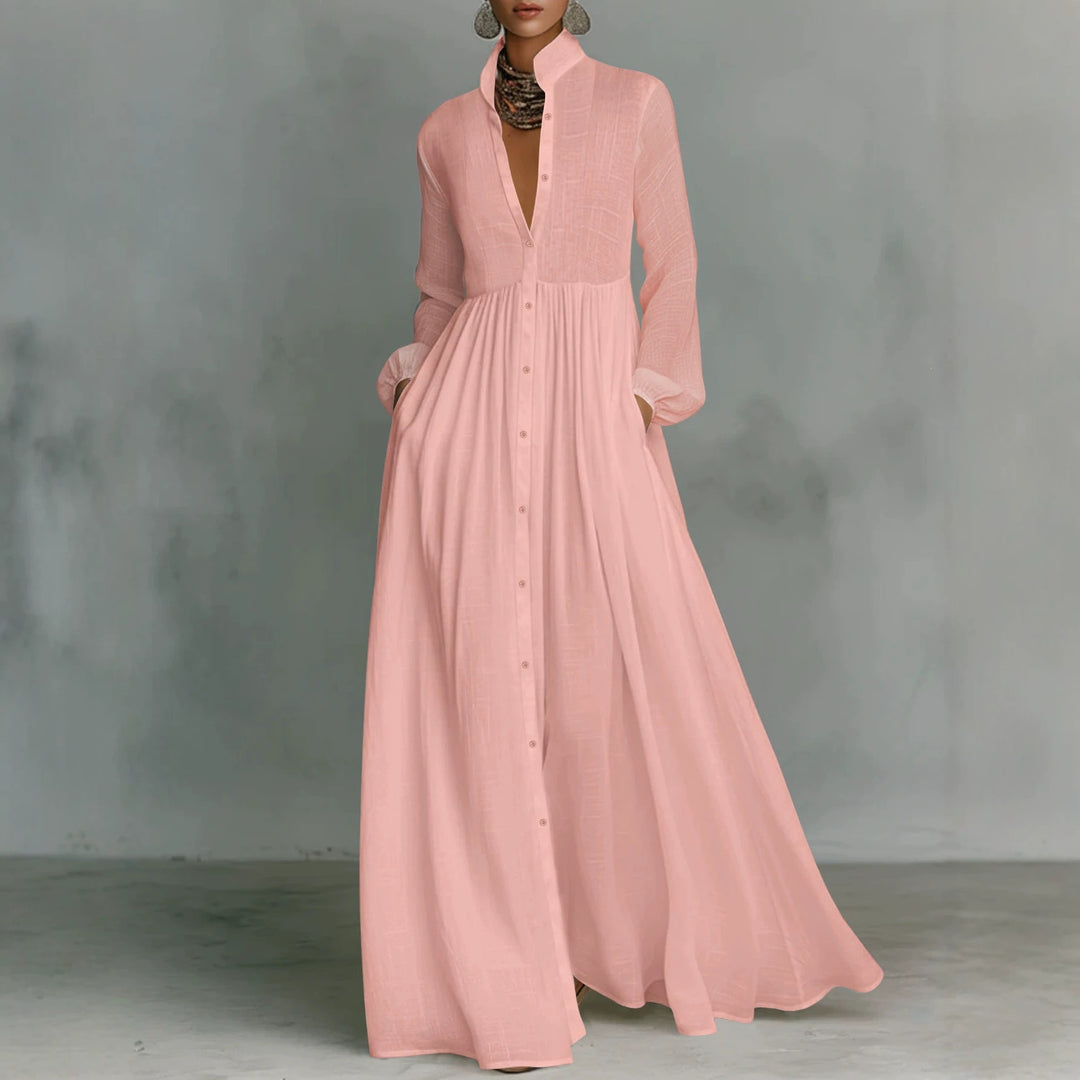 Damen Maxikleid mit Stehkragen, durchgehender Knopfleiste, taillenhoher Raffung und Eingrifftaschen Drune