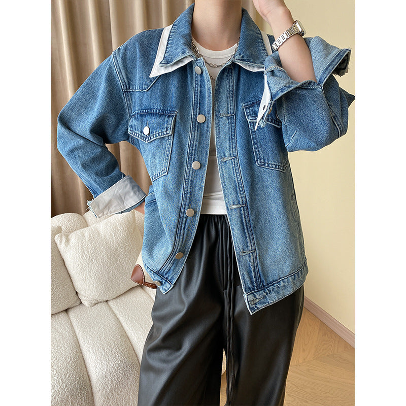 Damen Jeansjacke im modernen Oversized-Stil mit luxuriösem Kragen und seitlichen Taschen Drune