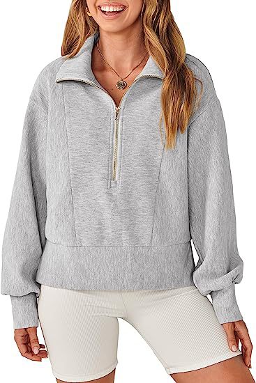 Damen Halb-Zip Kragen Entspannt Sweatshirt Pullover mit Rippbund und -manschetten Drune