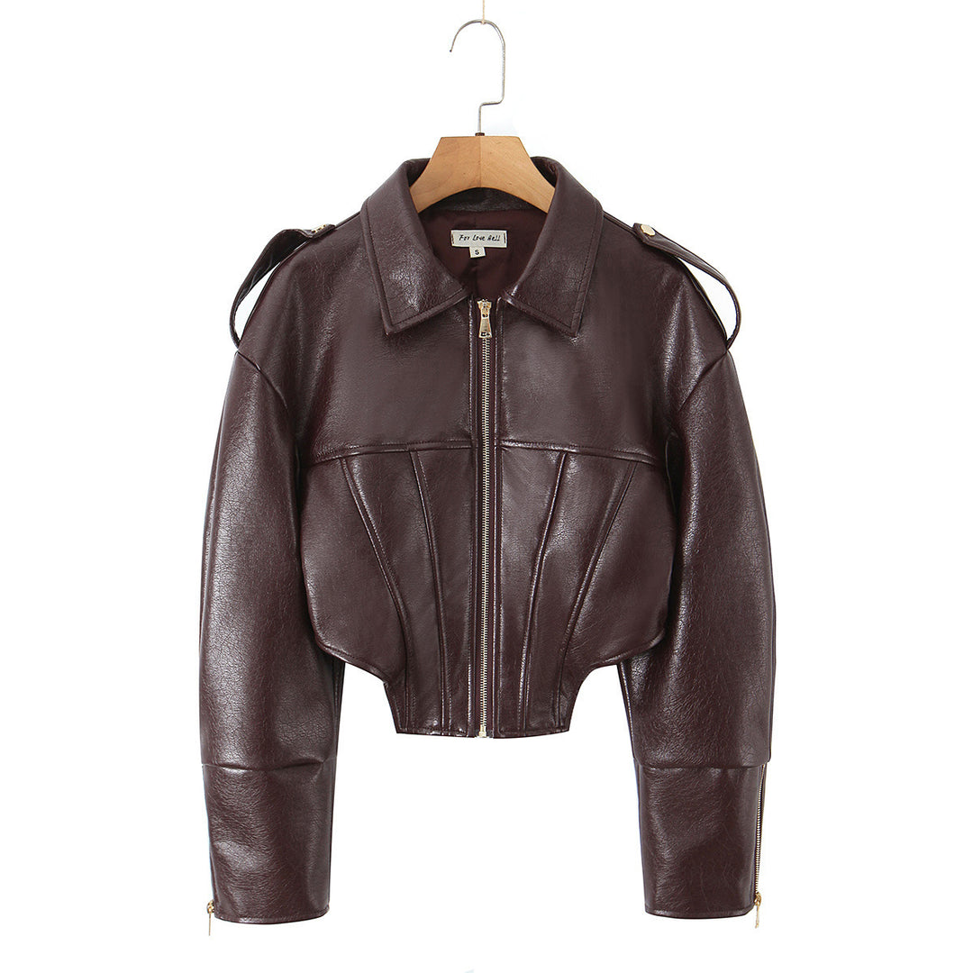 Damen Cropped-Lederjacke mit taillierter Korsett-Optik, Schulterriegeln und Reißverschluss Drune