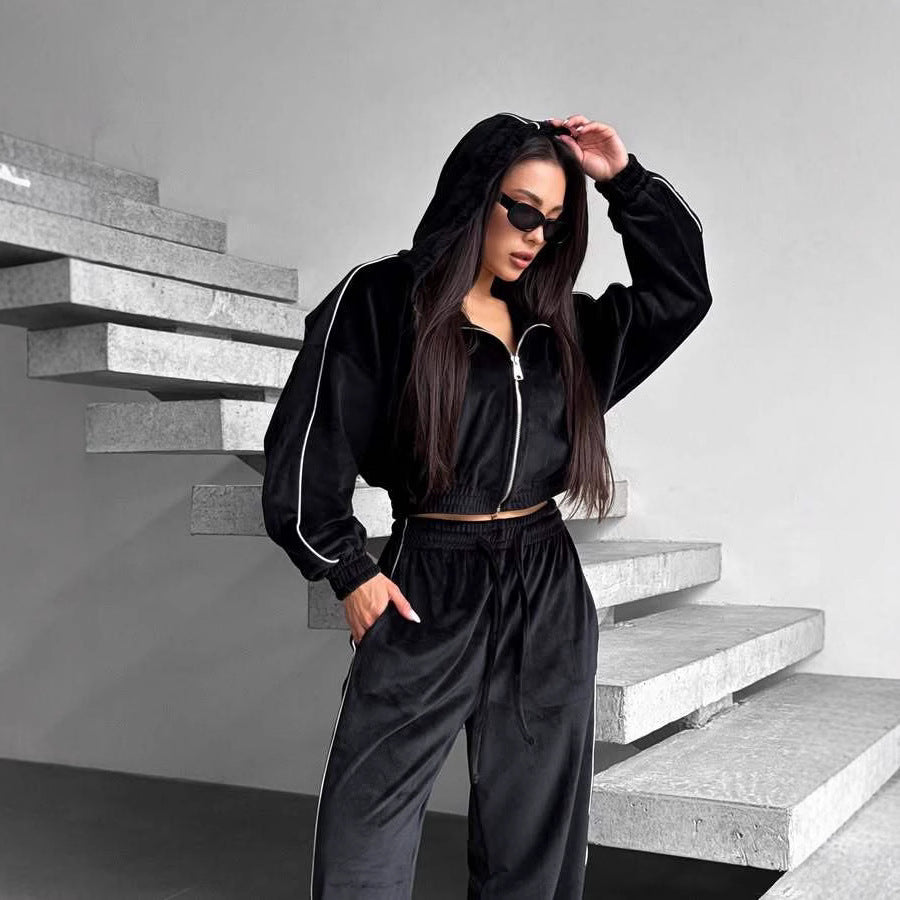 Damen Samt-Lounge-Set mit verkürzter Zip-Hoodie und weitem High-Waist Jogger Drune