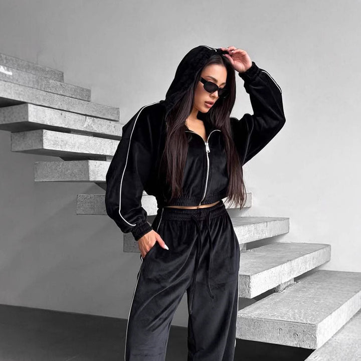 Damen Samt-Lounge-Set mit verkürzter Zip-Hoodie und weitem High-Waist Jogger Drune