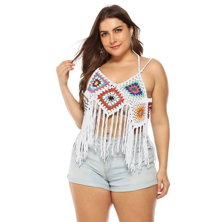Damen gehäkeltes Crop-Top mit buntem Fransen-Design Drune
