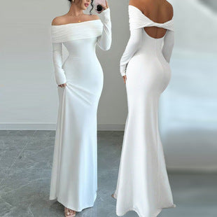 Damen Elegantes Off-Shoulder-Maxikleid mit figurbetontem Schnitt und langen Ärmeln Drune