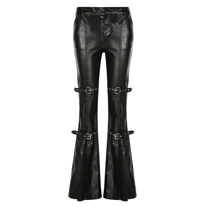 Damen Hochtaillierte Kunstleder-Hose mit ausgestelltem Schlag und doppelt geschnalltem Taillen-Gürtel Drune