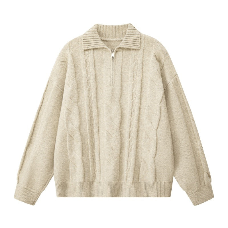 Damen Oversize Zopfstrickpullover mit hohem Rollkragen und Knopfleiste Drune