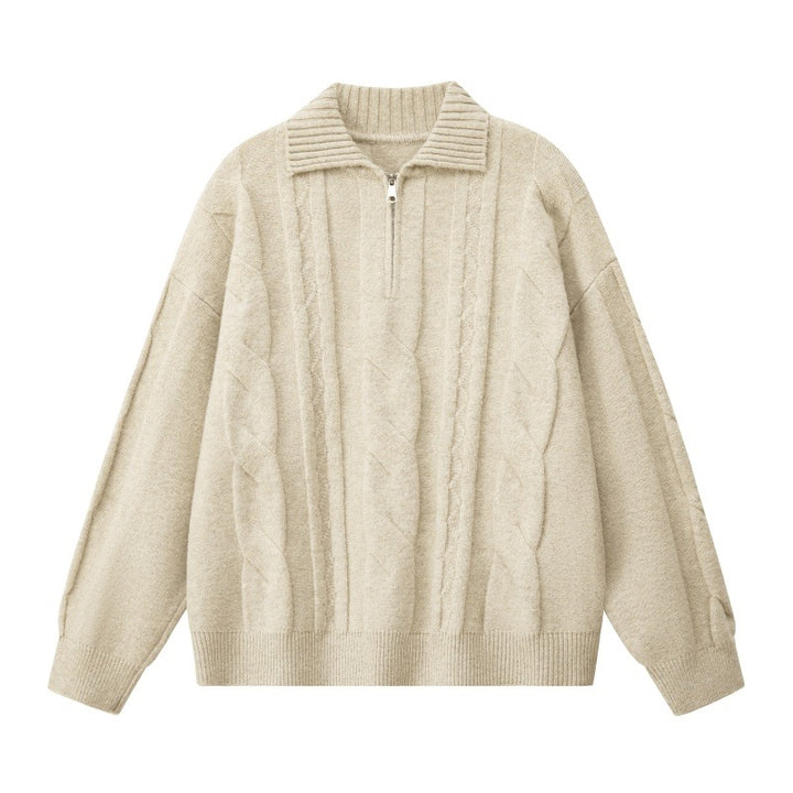 Damen Oversize Zopfstrickpullover mit hohem Rollkragen und Knopfleiste Drune
