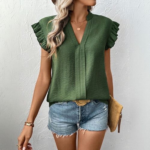 Damen Bluse mit voluminösen Rüschenärmel und eleganter V-Ausschnitt Drune
