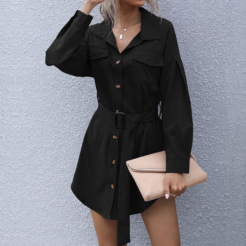 Damen Kurzblusenkleid im Safari-Stil mit Bindegürtel und aufgesetzten Brusttaschen Drune