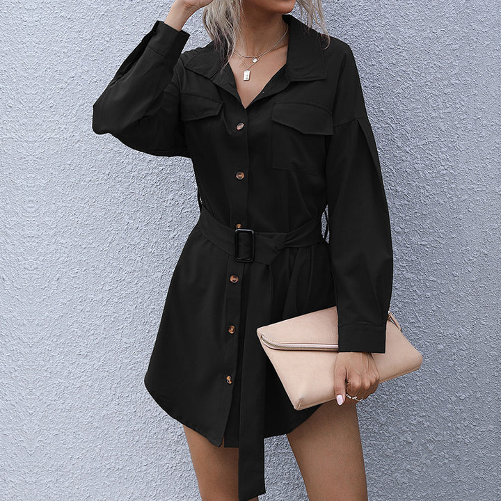 Damen Kurzblusenkleid im Safari-Stil mit Bindegürtel und aufgesetzten Brusttaschen Drune