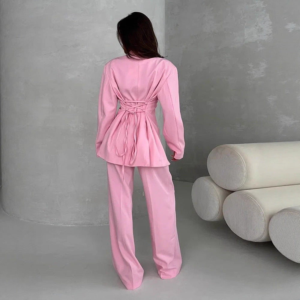 Damen Zweiteiliges Oversize-Anzugset mit Wickel-Blazer und weiten Palazzohosen Drune