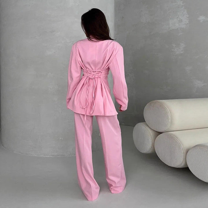 Damen Zweiteiliges Oversize-Anzugset mit Wickel-Blazer und weiten Palazzohosen Drune