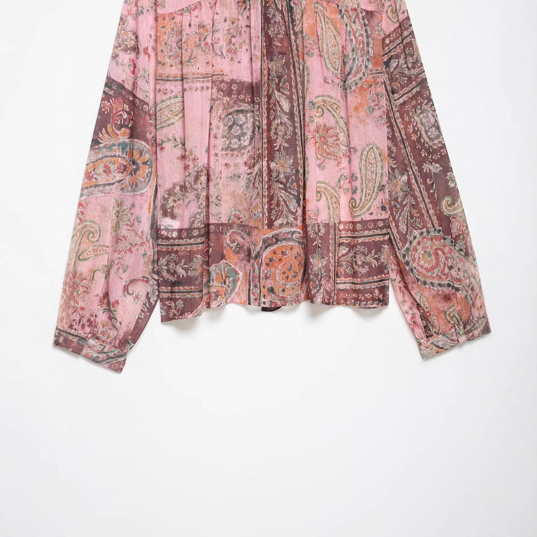 Damen Chiffonbluse im Paisley-Print mit Schleifenkragen und Rüschenfront Drune