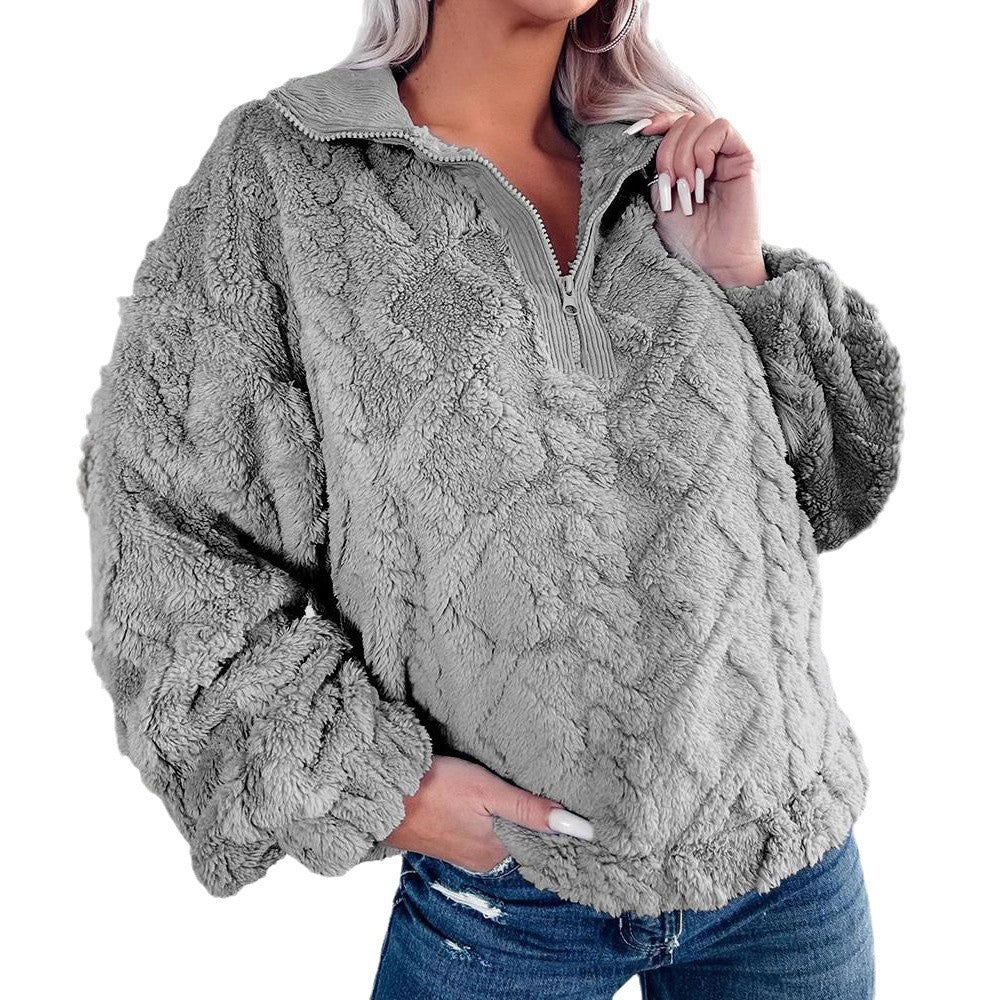 Damen Kuschelige Fleece-Pullover mit Reißverschluss und Wabenmuster Drune