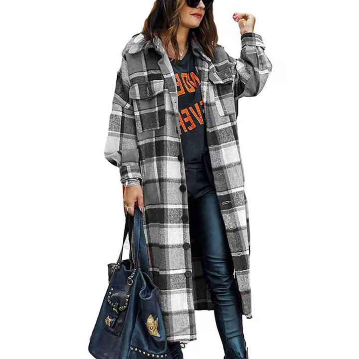 Damen Langarm-Wolljacke mit Karomuster und praktischen Taschen Drune