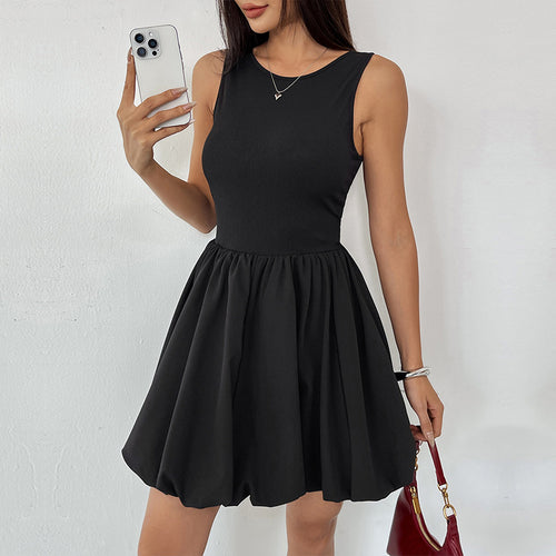 Damen ärmelloses A-Linien Kleid mit elastischer Taille und schwingendem Rock Drune