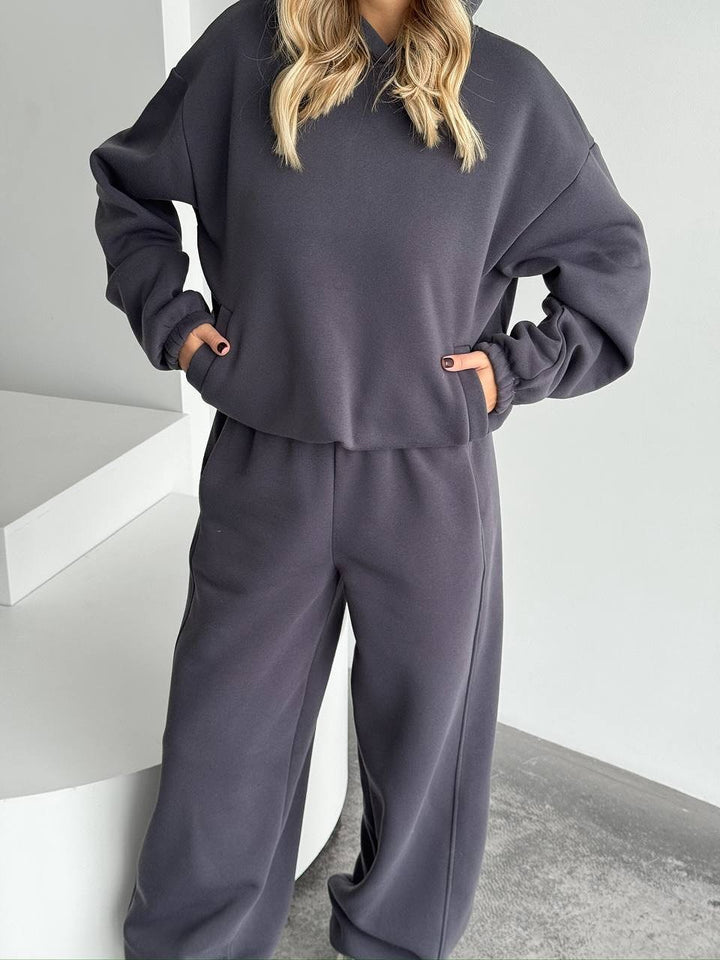 Damen Oversize Loungewear-Set aus schwerem Sweat mit Kapuzenpullover und weitem hochgeschnittenem Jogger Drune