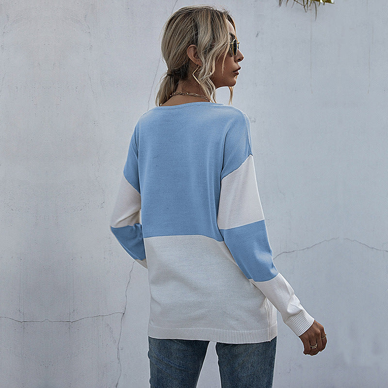 Damen Lässiger Strickpullover mit V-Ausschnitt und Farbblock Drune