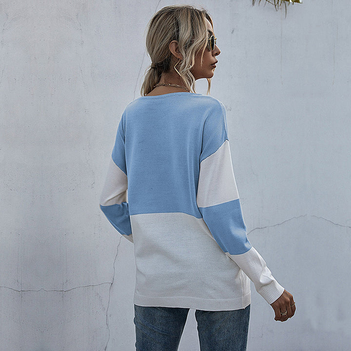 Damen Lässiger Strickpullover mit V-Ausschnitt und Farbblock Drune