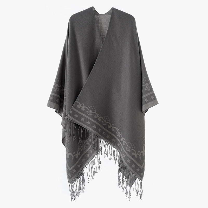 Damen Überwurfponcho aus Wollmix mit dezentem Jacquardbordüren‑Muster und Fransensaum Drune