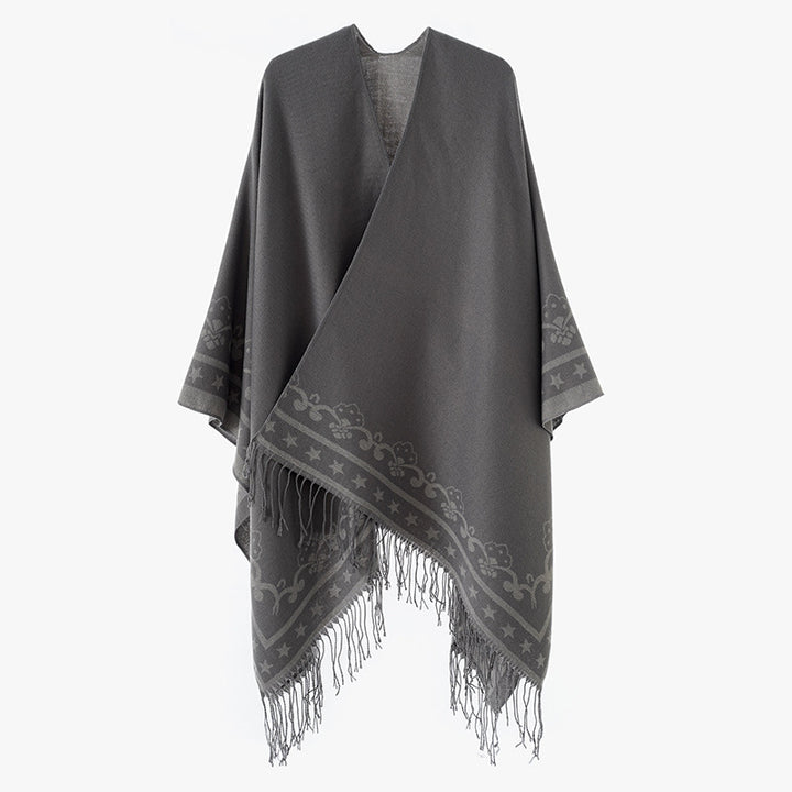 Damen Überwurfponcho aus Wollmix mit dezentem Jacquardbordüren‑Muster und Fransensaum Drune
