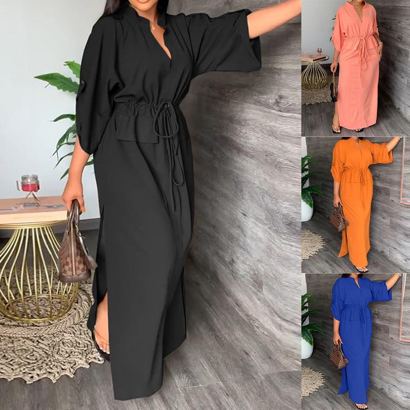 Damen Maxikleid mit Taillierung und offenem Kragen Drune