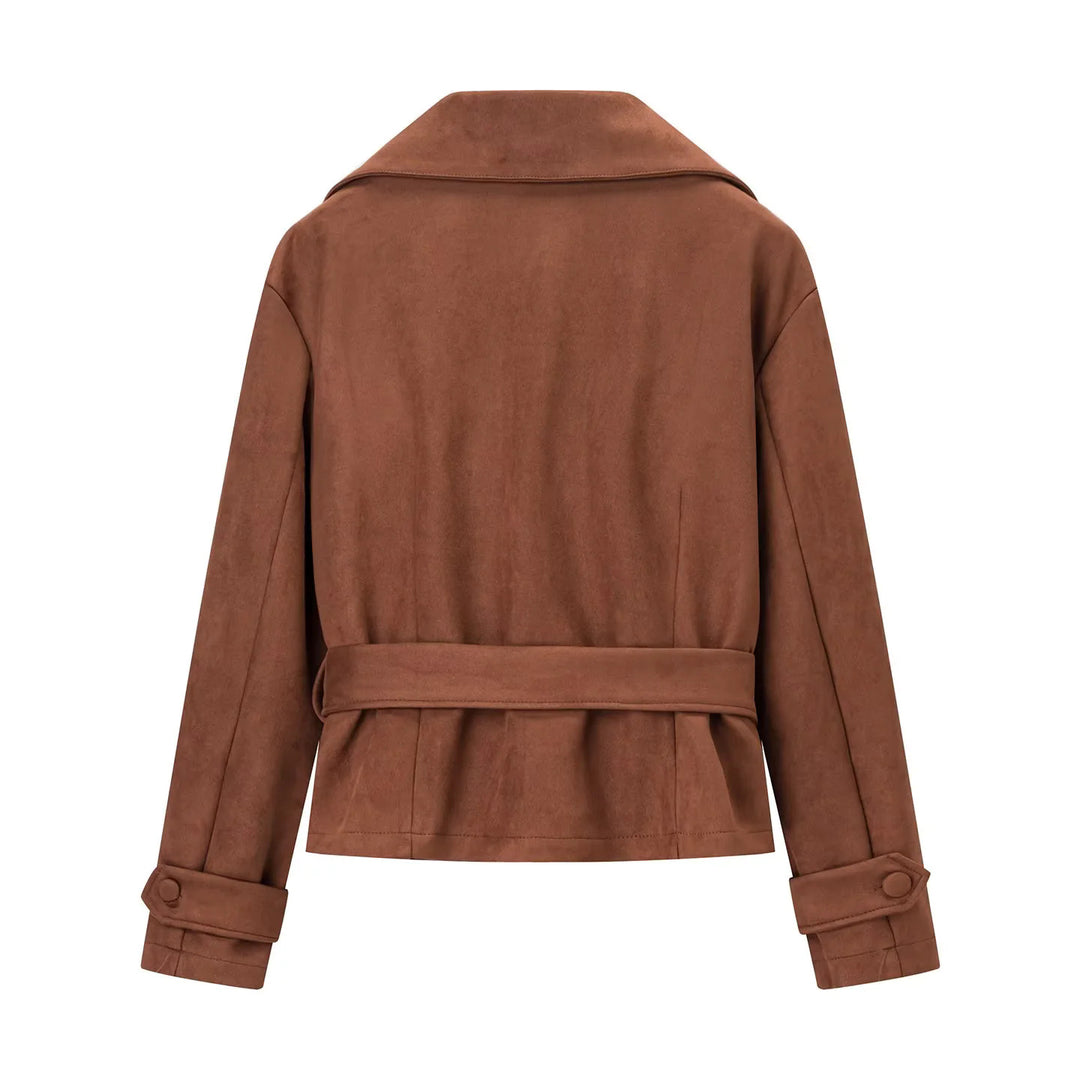 Damen nan taillierte Cropped-Wildlederoptik Jacke mit Schalkragen und Bindegürtel Drune
