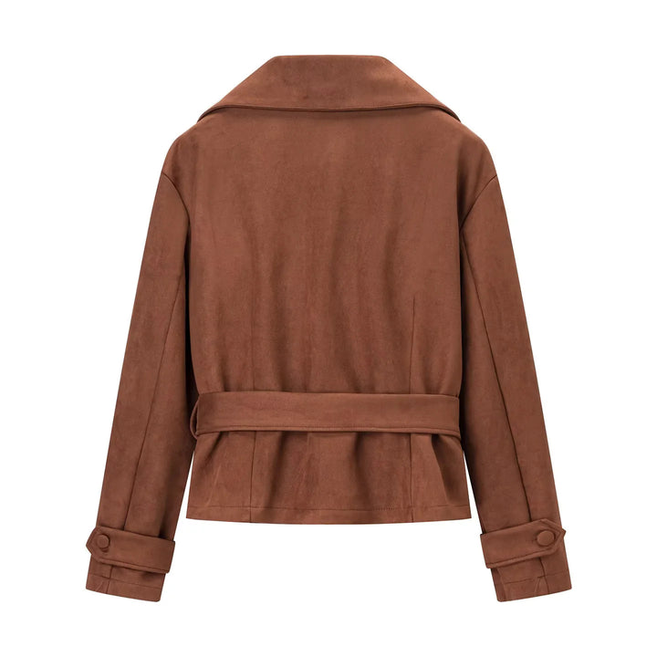 Damen nan taillierte Cropped-Wildlederoptik Jacke mit Schalkragen und Bindegürtel Drune