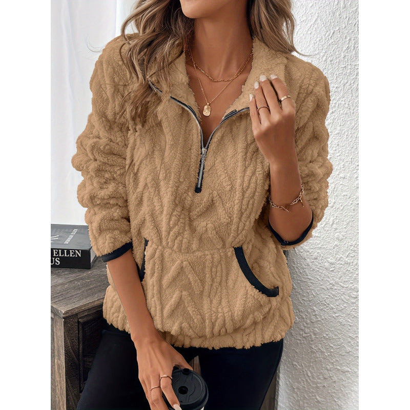 Damen flauschiger Teddy-Pullover mit halbem Reißverschluss und hohen Kragen Drune