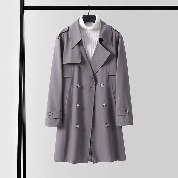 Damen Doppelreihiger Kurztrenchcoat aus leichtem Wollmix mit soften Fall und Schulterklappen Drune