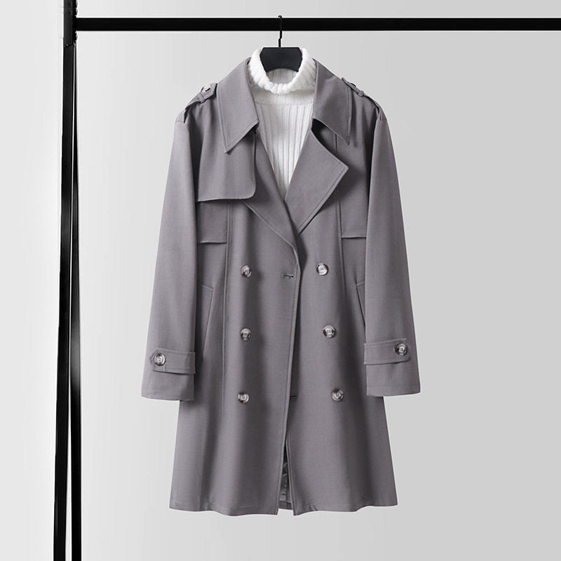 Damen Moderner Kurzmantel im Trench‑Stil mit doppelreihiger Knopfleiste und Epauletten Drune