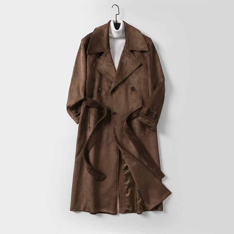 Herren Doppelreihiger Trenchcoat aus Velourslederimitat mit Taillengürtel und weitem Revers Drune