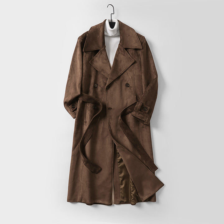 Herren Doppelreihiger Trenchcoat aus Velourslederimitat mit Taillengürtel und weitem Revers Drune
