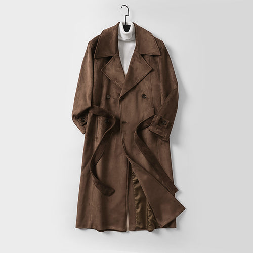 Herren Maxilanger Trenchcoat aus Velourslederoptik mit Doppelreihe und Taillenband Drune
