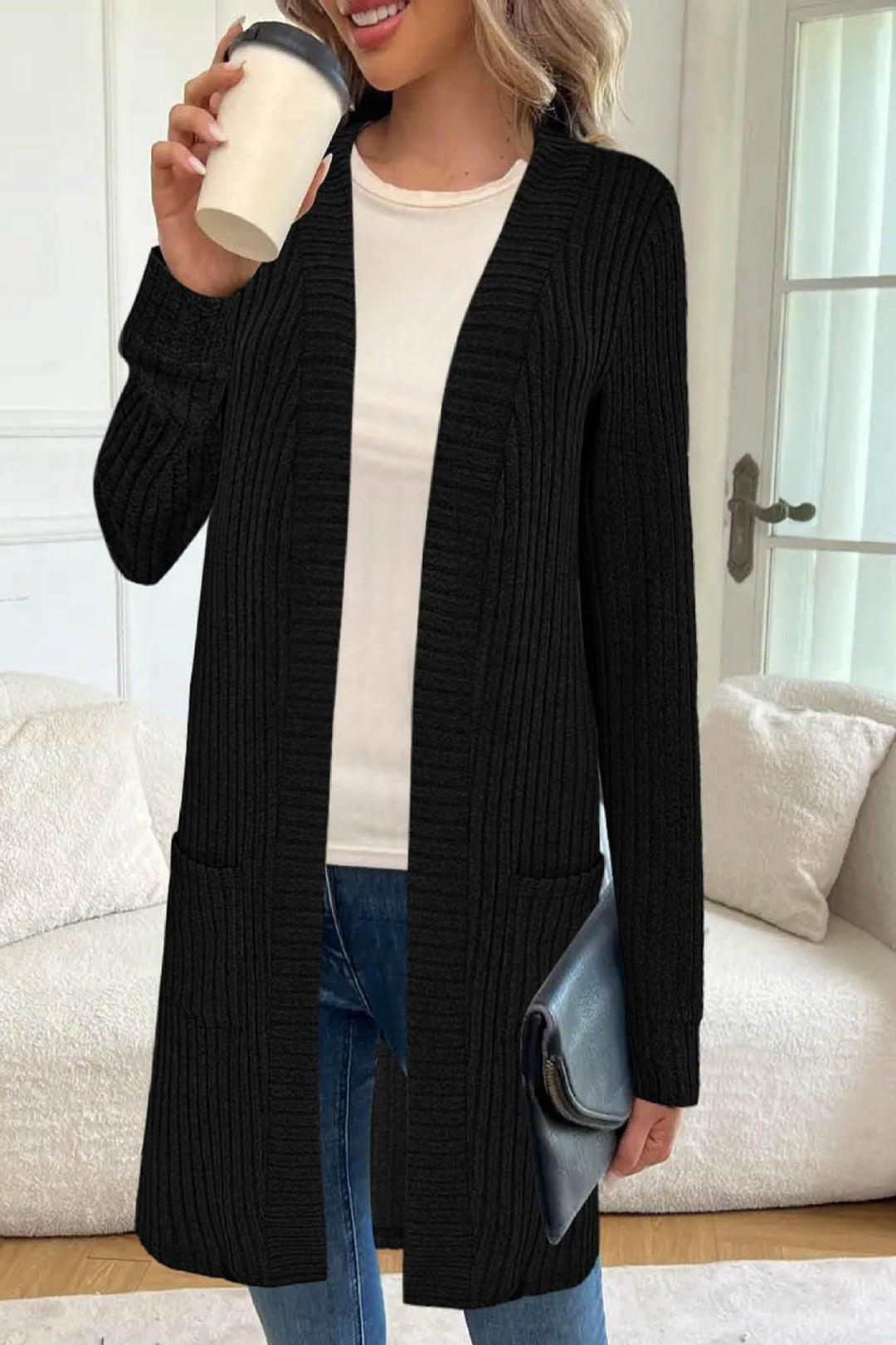 Damen Longline Rippstrick Cardigan mit Taschen Drune