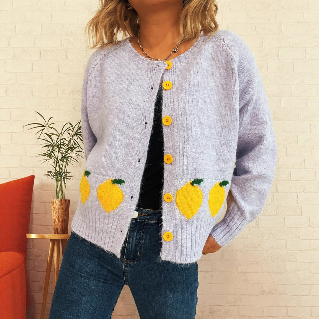 Damen kuschelige Strickjacke mit Zitronen-Motiv und bunten Knöpfen Drune