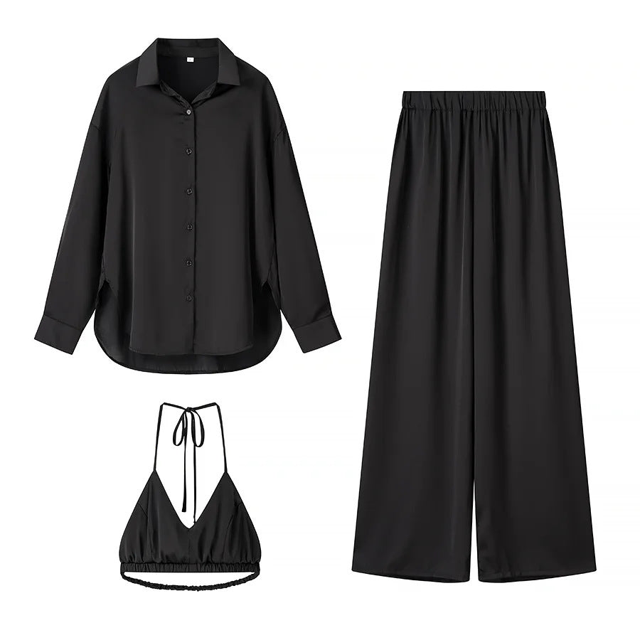 Damen nan elegantes Dreiteiler-Set Oversize-Hemd Highwaist-Weitbeinhose und Neckholder-Croptop Drune