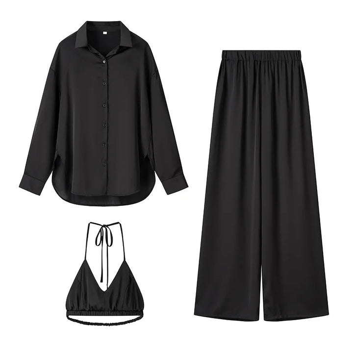 Damen nan elegantes Dreiteiler-Set Oversize-Hemd Highwaist-Weitbeinhose und Neckholder-Croptop Drune