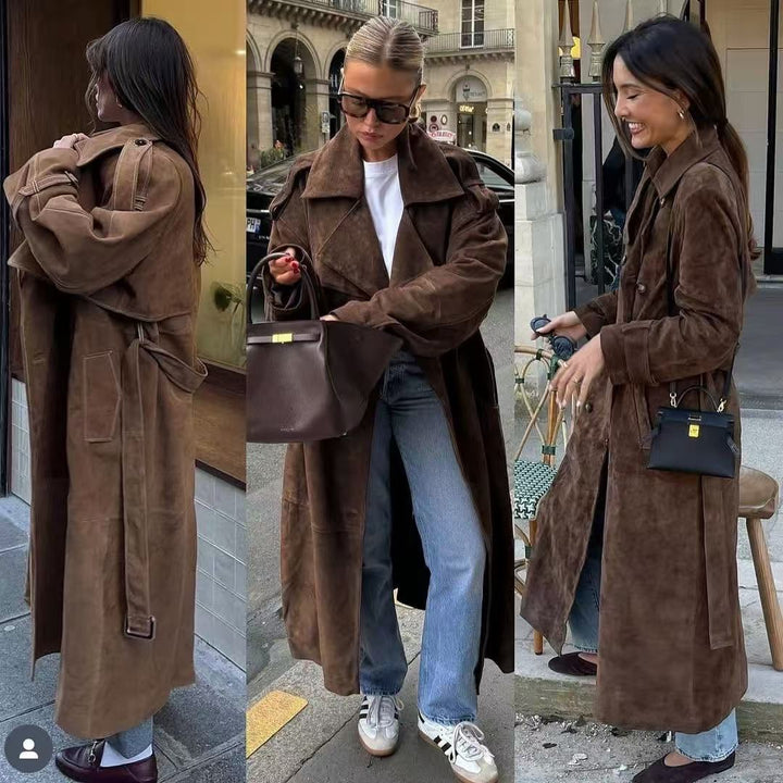 Damen Midilanger Oversize-Trenchcoat aus Veloursimitat mit doppelreihiger Knopfleiste, Schulterpatten und Bindegürtel Drune