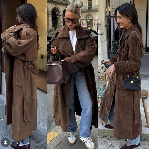 Damen Midilanger Oversize-Trenchcoat aus Veloursimitat mit doppelreihiger Knopfleiste, Schulterpatten und Bindegürtel Drune