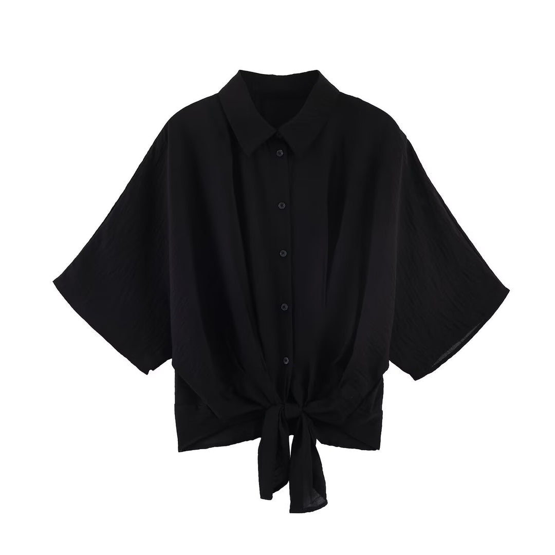 Damen Gestreifte Oversize-Bluse mit Kimonoärmeln und Knotenfront Drune
