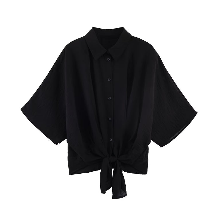 Damen Gestreifte Oversize-Bluse mit Kimonoärmeln und Knotenfront Drune