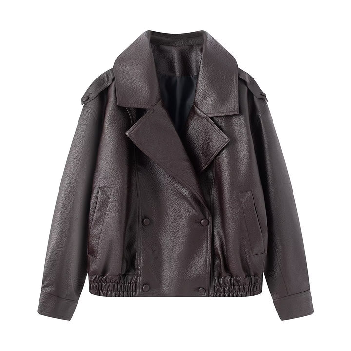 Damen Oversized Kunstlederjacke mit großem Revers, doppelreihiger Druckknopfleiste und elastischem Saum Drune